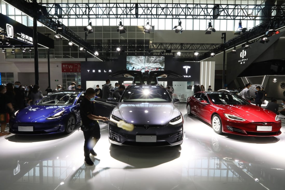 Tesla electric cars are displayed at the Auto China 2020 on Saturday, September 26, 2020. Photo: Simon Song