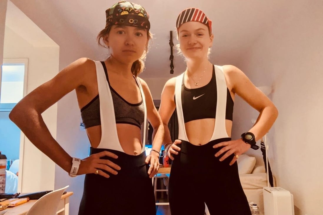Mini Maxwell (left) and Laura Normand prepare to cycle 919km indoors, the distance from Hong Kong to Wuhan. Photo: Handout