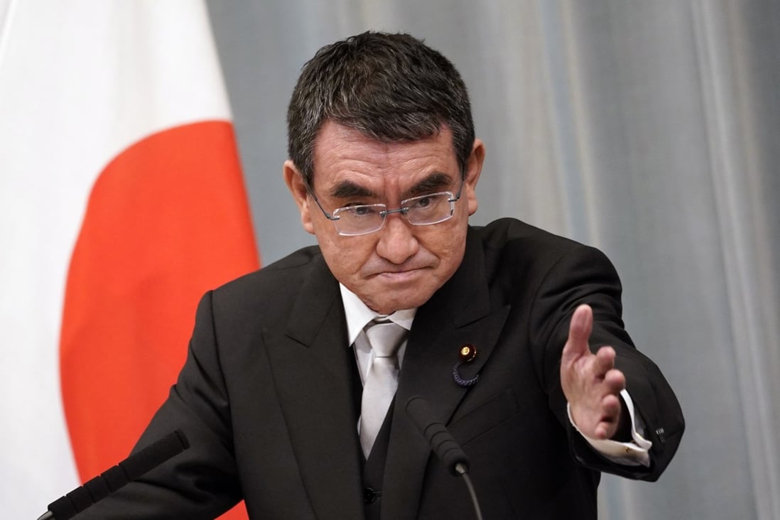 Taro Kono, the newly named minister in charge of administrative and regulatory reform, pictured at a news conference in Tokyo earlier this month. Photo: EPA