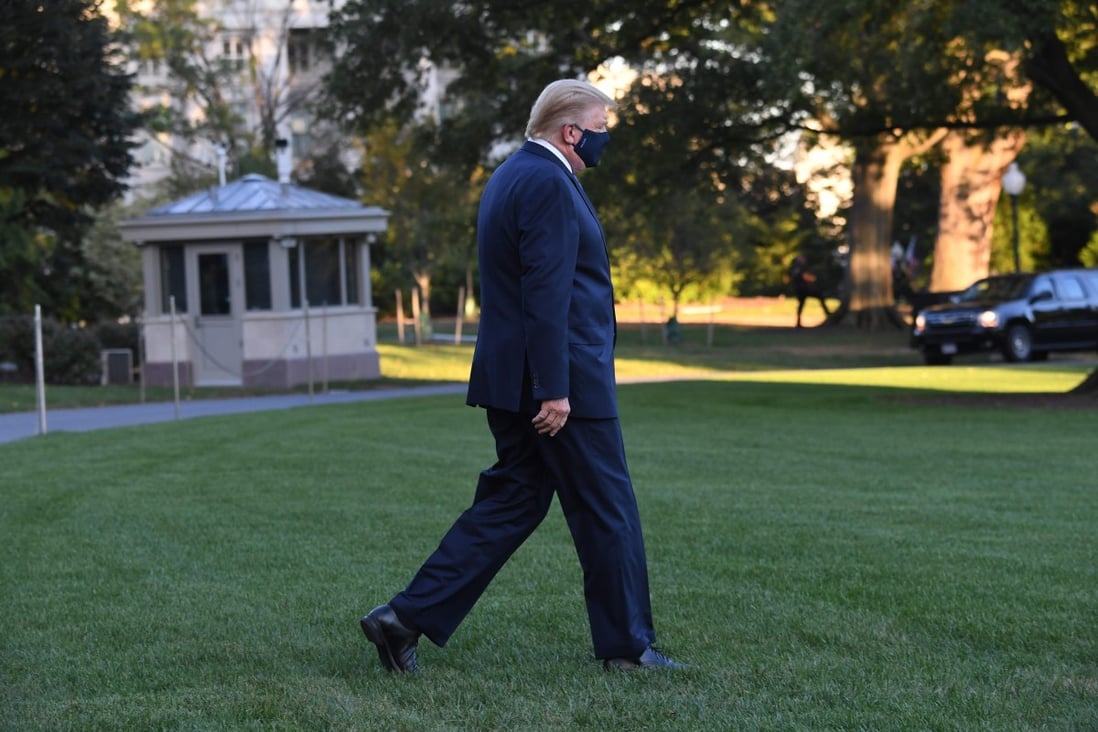 US President Donald Trump walks across the White House lawn to the Marine One helicopter prior to being flown to Walter Reed Military Medical Center on Friday. Photo: AFP