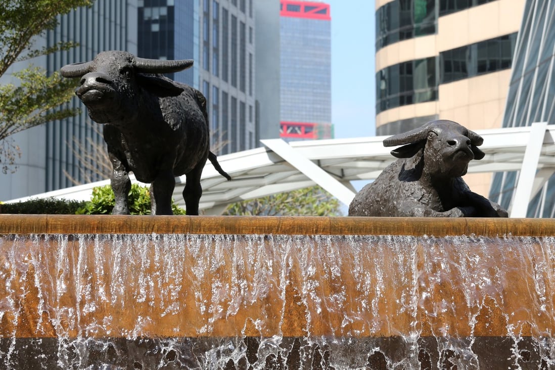 Bronze sculptures of bulls are seen outside Hong Kong Stock Exchange. Photo: Dickson Lee