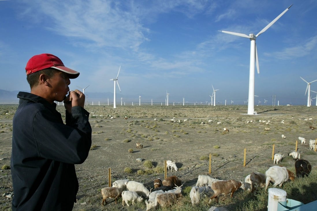 A sheep herder whistles as he follows his flock through a wind power farm outside Urumqi in September 2003, in western China’s Xinjiang Uygur autonomous region. Photo: AFP