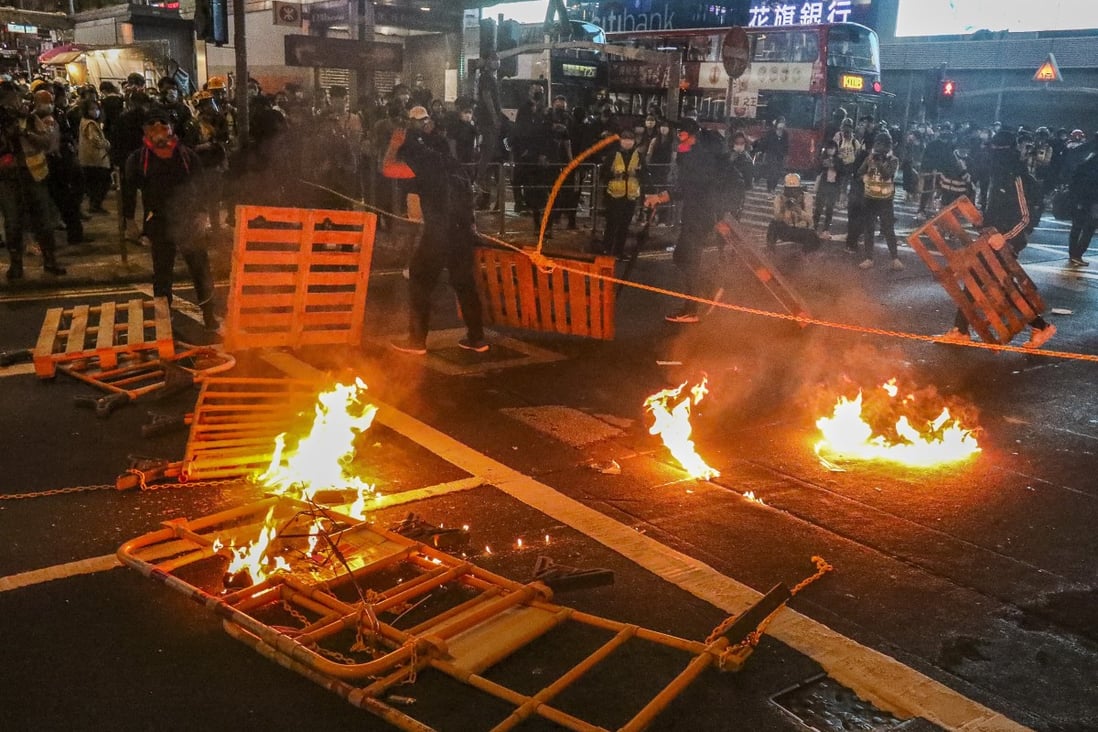 Several street fires were lit during an anti-government protest in Mong Kok on February 29. Photo: Felix Wong