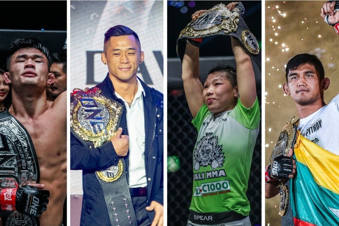 Christian Lee, Martin Nguyen, Xiong Jingnan and Aung La N Sang with their ONE world titles. Photos: ONE Championship