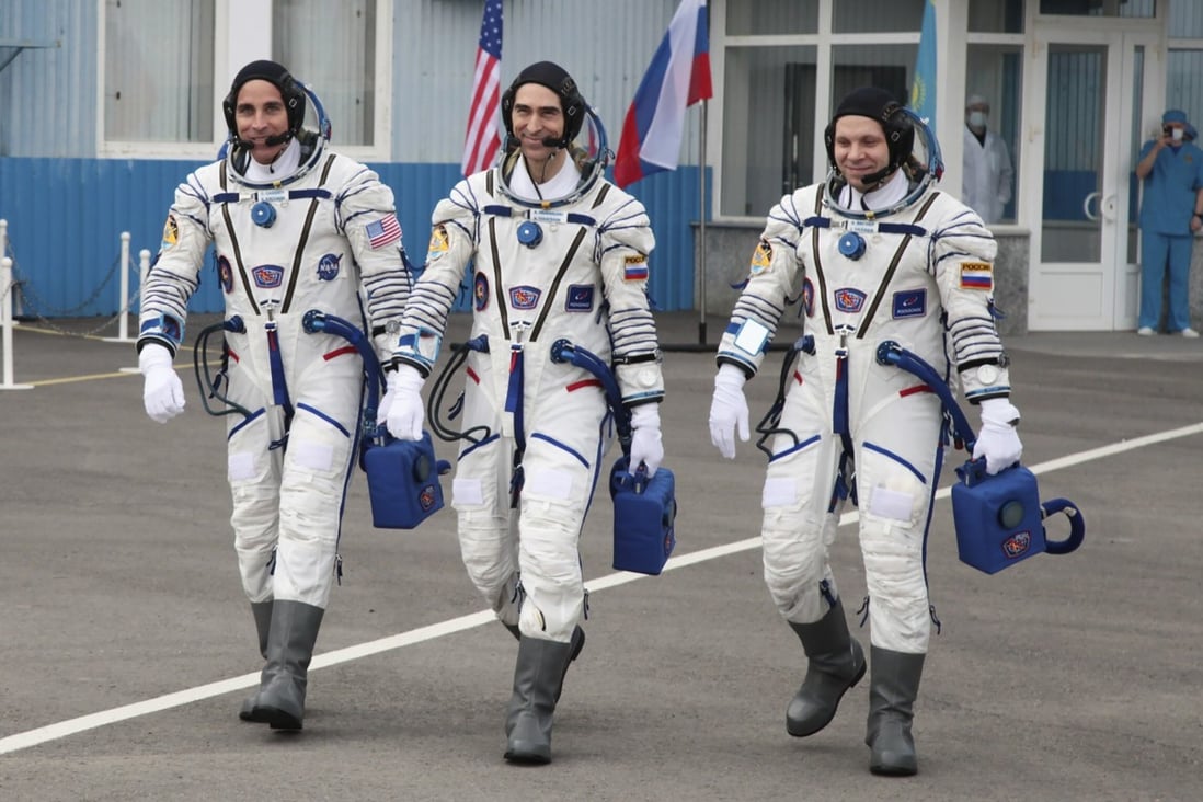 US astronaut Chris Cassidy, left, Russian cosmonauts Anatoly Ivanishin, centre, and Ivan Vagner, prior to their launch in April. File photo: AP