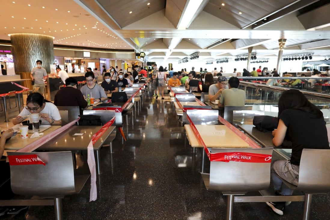 Diners maintain social distancing at a food court in Festival Walk, Kowloon Tong, on September 19. The sustained level of new cases in Hong Kong suggests social distancing and other pandemic control measures must remain in place for some time. Photo: May Tse