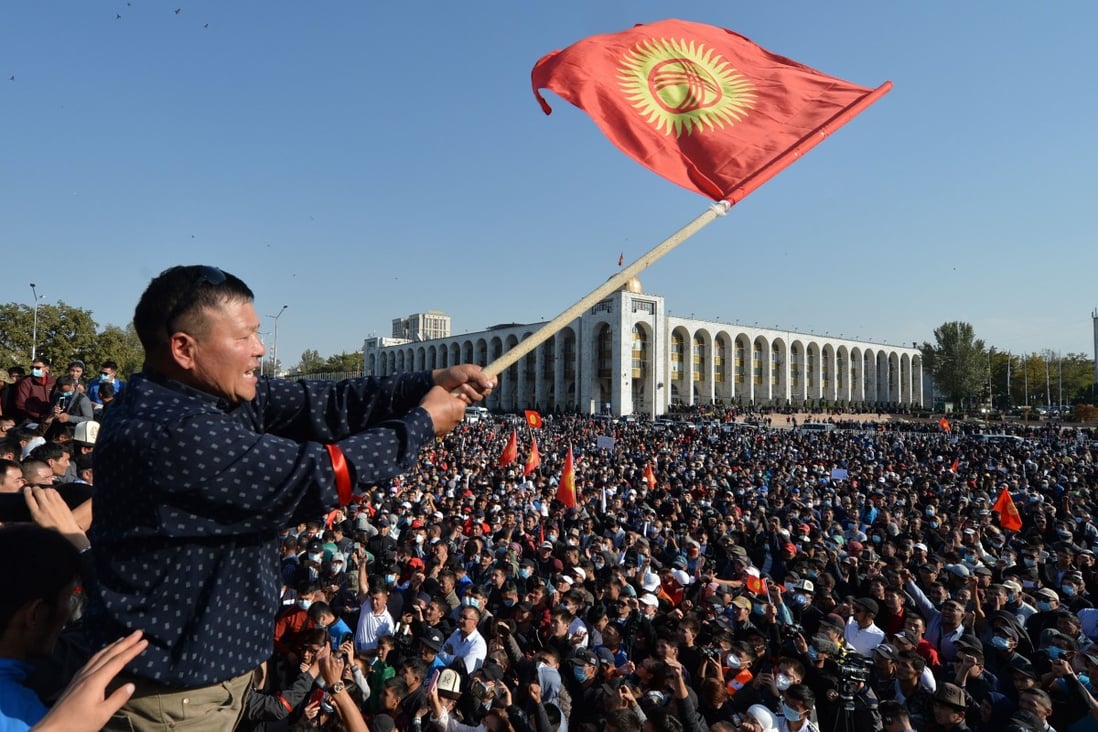 Protesters demonstrate against the results of a parliamentary vote in Bishkek on October 5. Photo: AFP