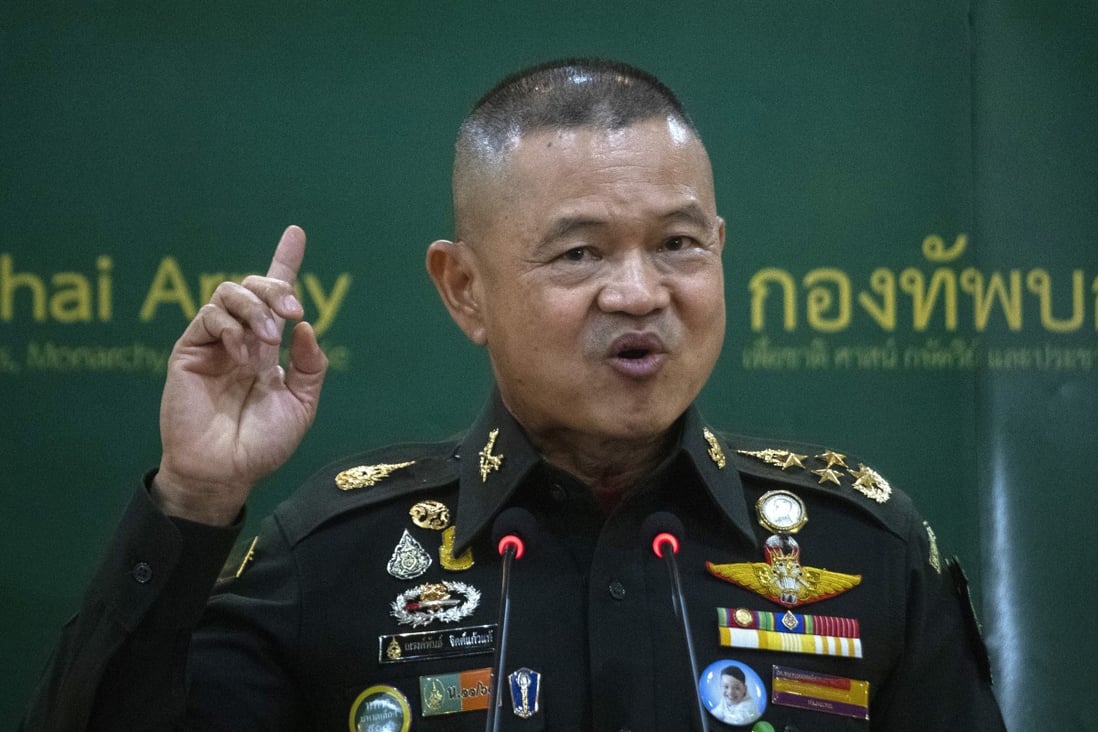Thailand Army Chief General Narongpan Jittkaewtae holds his first media briefing since his appointment, pledging to defend country, the Buddhist religion, the monarchy and the people. Photo: AP
