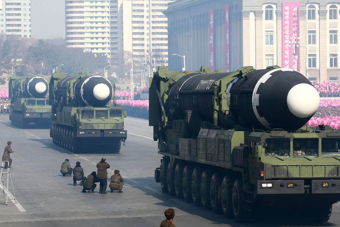 North Korea’s Hwasong-15 ballistic missiles on display during a military parade in 2018. Photo: AFP