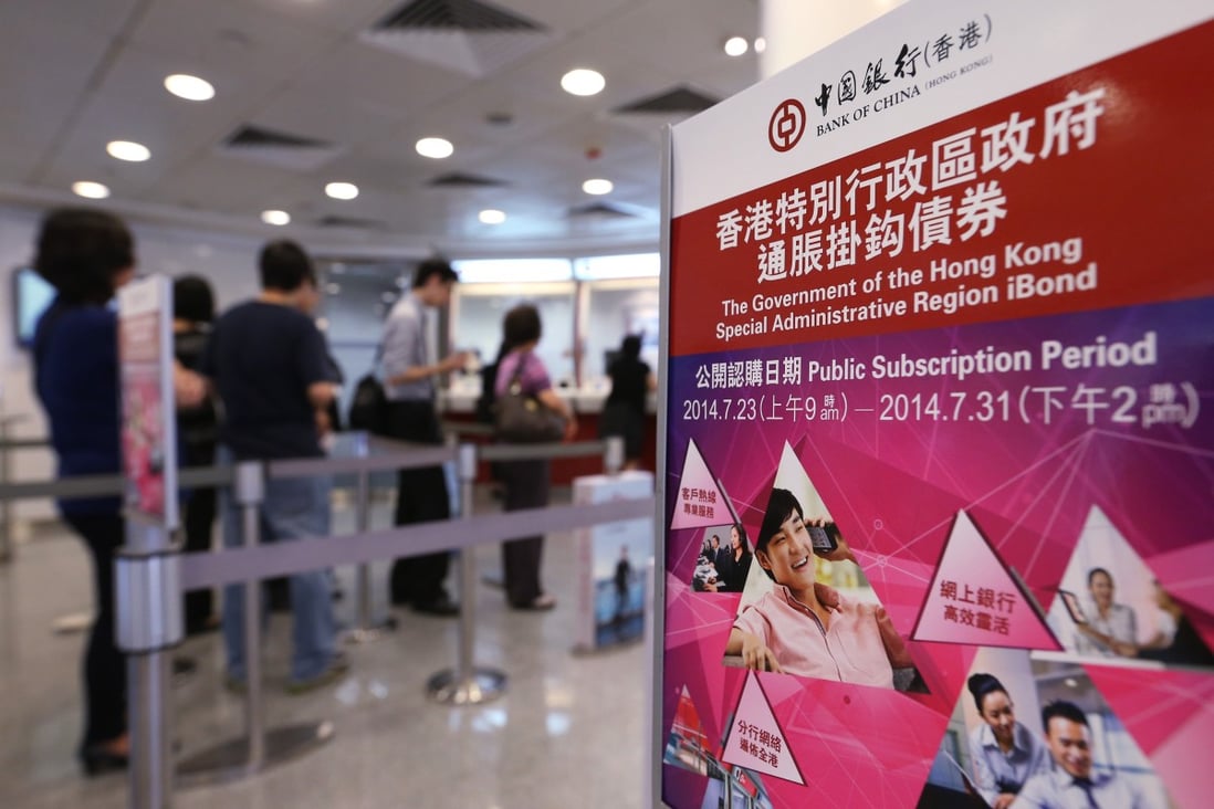 A poster advertising the launch of Hong Kong iBonds at a Bank of China branch in Central on July 23, 2014, the first day of public subscription. The latest round of iBonds will include some with yields of 2 per cent, an enticement to investors at a time when many central banks are considering interest rates near or even below zero. Photo: K.Y. Cheng