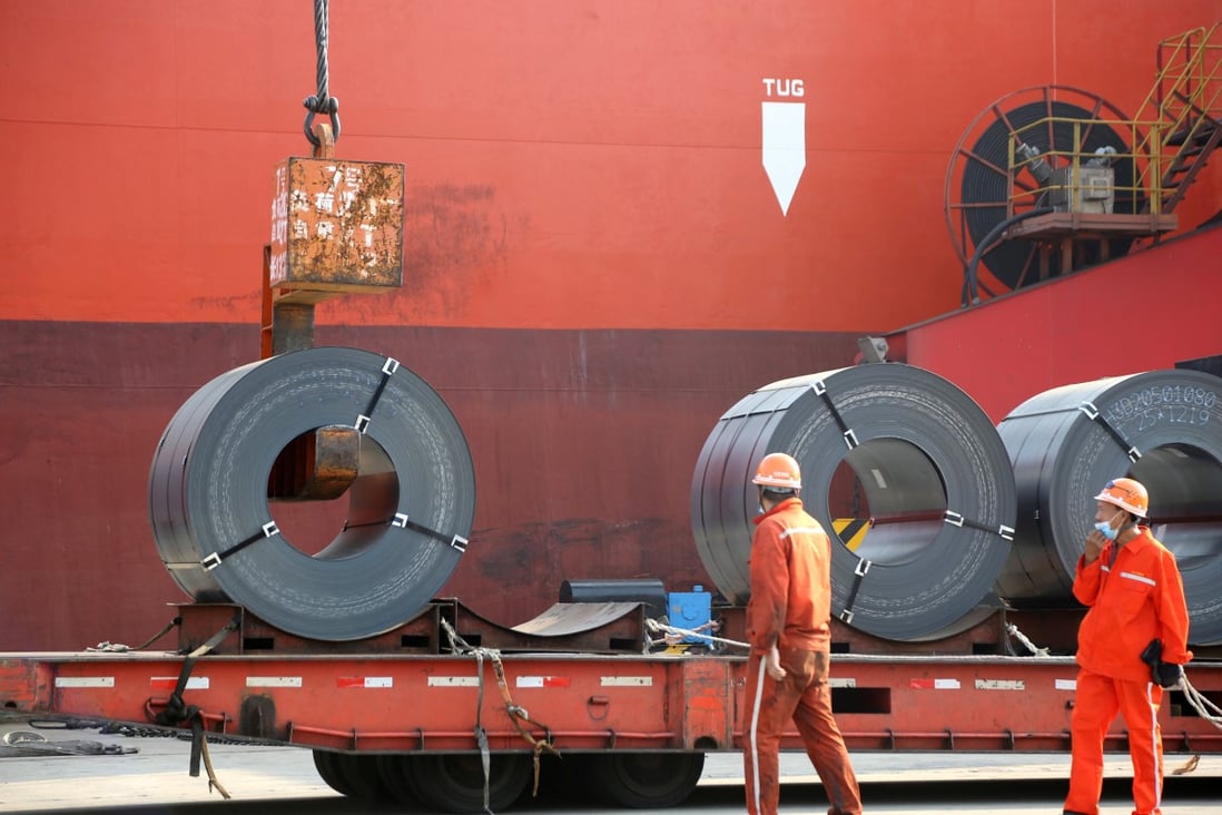 Workers load steel products for export onto a cargo ship at a port in Lianyungang, Jiangsu province, on May 27. The combination of China’s rapid economic recovery from the pandemic and its massive steel capacity could make relations with its trading partners even more fraught without some deft diplomacy. Photo: Reuters