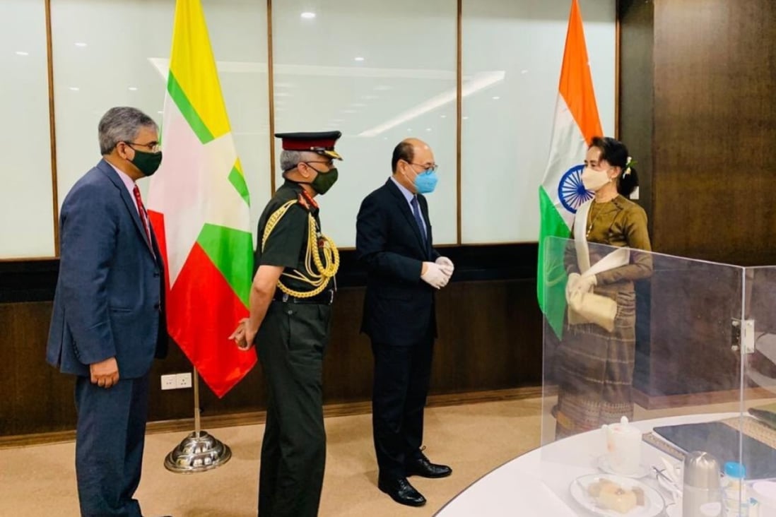 India's Ambassador to Myanmar Saurabh Kumar, Chief of Army Staff M.M. Naravane and Foreign Secretary Harsh Vardhan Shringla meet Myanmar State Counsellor Aung San Suu Kyi on October 5. Photo: Twitter