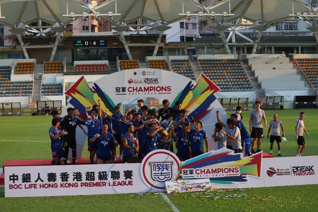 Kitchee players celebrate after being crowned 2020 Hong Kong Premier League champions, their 10th league title in the top tier and third in the past four seasons. Photo: Chan Kin-wa