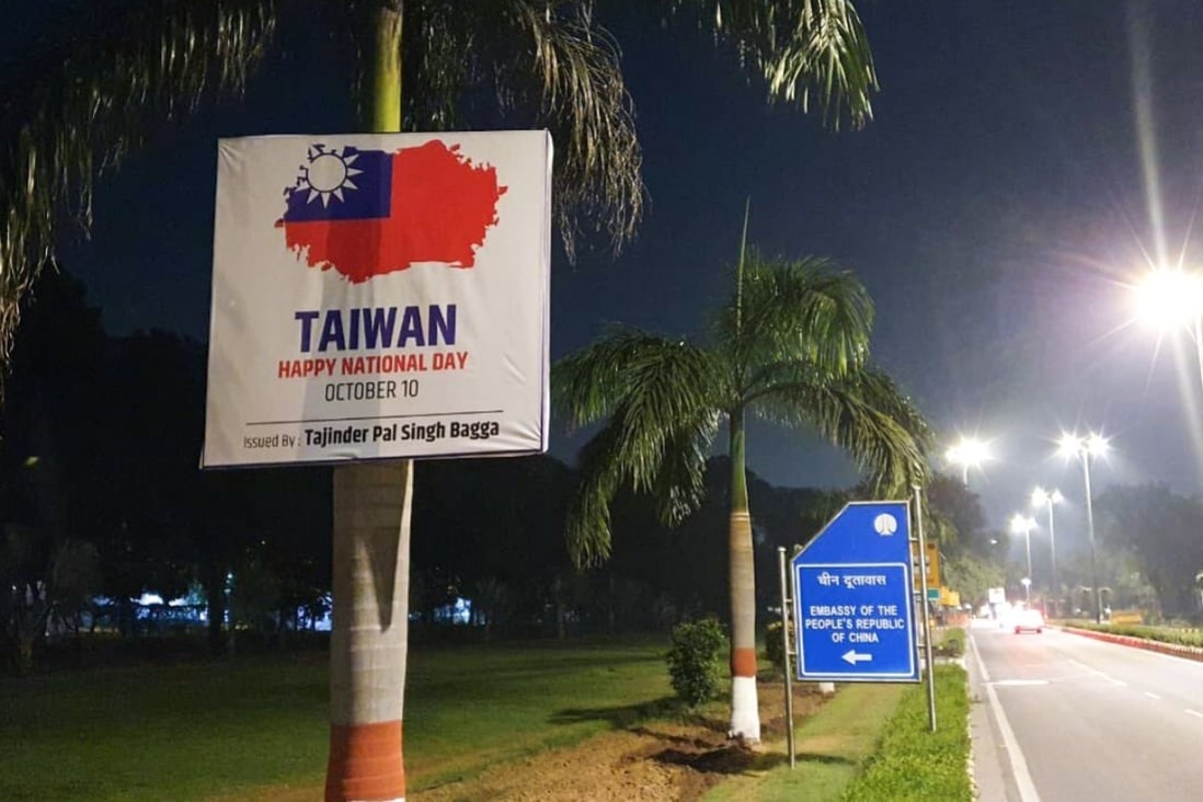 A local politician plastered posters of the Taiwanese flag outside the Chinese embassy in New Delhi. Photo: Twitter