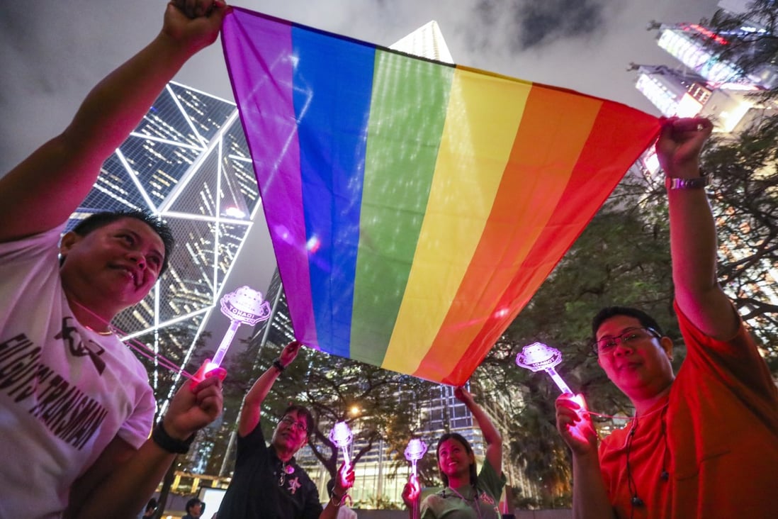 LGBT rights supporters in Hong Kong celebrate as Taiwan’s legislature voted to legalise same-sex marriage, paving the way to its becoming the first Asian jurisdiction to recognise same-sex partnerships, on May 17, 2019. Photo: Dickson Lee