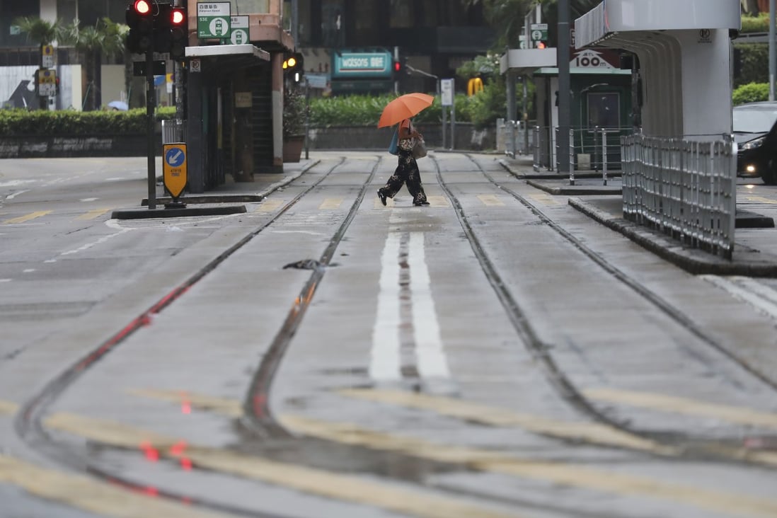 A quiet road in Causeway Bay during Tuesday’s typhoon signal No 8. Photo: Nora Tam