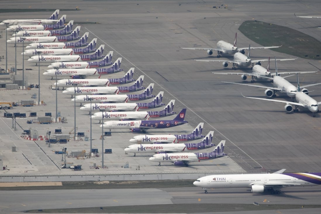 HK Express planes grounded at the Hong Kong International Airport in March. Photo: Robert Ng