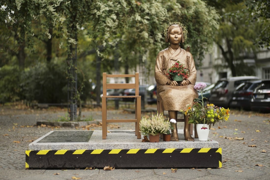 A statue commemorating “comfort women”, a euphemism given by Japan to the women and girls enslaved for sex by the Japanese army during World War II, is displayed at a residential area in central Berlin on Friday. Photo: AP