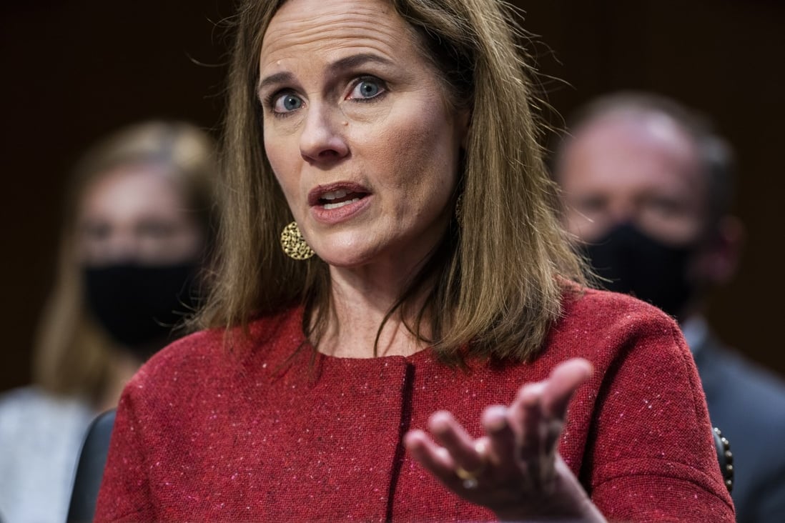 US Supreme Court nominee Judge Amy Coney Barrett answers questions at her confirmation hearing in Washington on Tuesday. Photo: EPA-EFE