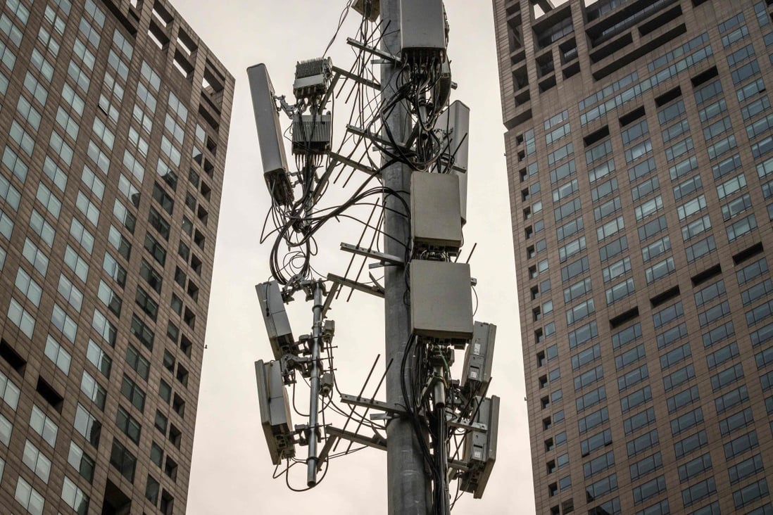 A cellphone tower for 5G networks is seen on a street in Beijing on April 7, 2020. Photo: AFP