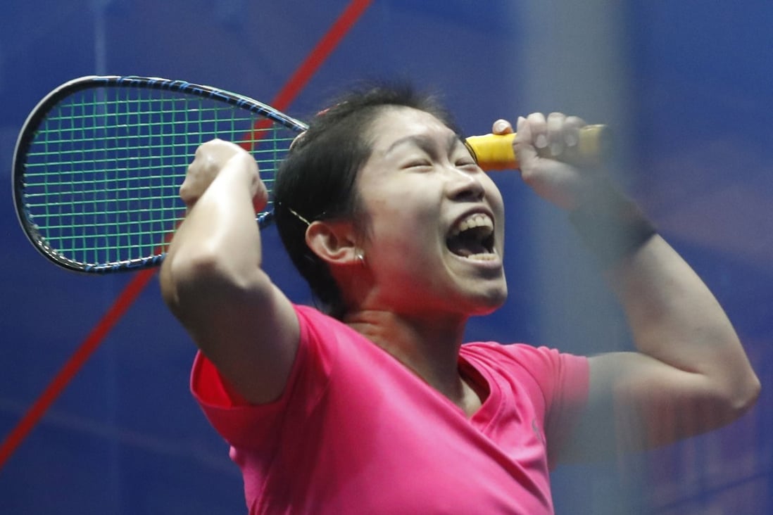 Annie Au celebrates after winning her match for Hong Kong against India’s Joshana Chinappa in the Jakarta Asian Games 2018 women’s team final. Photo: EPA