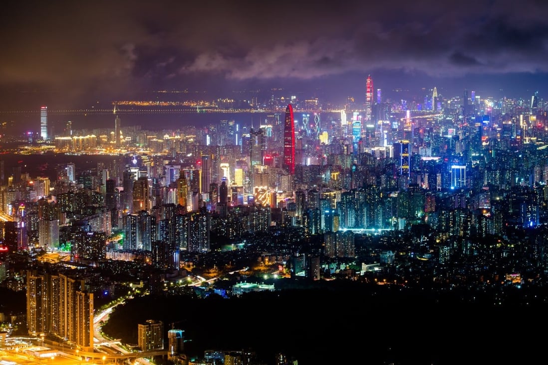 A night view of Shenzhen in southern Guangdong province on October 16. Shenzhen’s elevation to being the hub of the Greater Bay Area’s technological development has shone a spotlight on the shortcomings in Hong Kong’s embrace of AI, big data and other trends. Photo: Xinhua