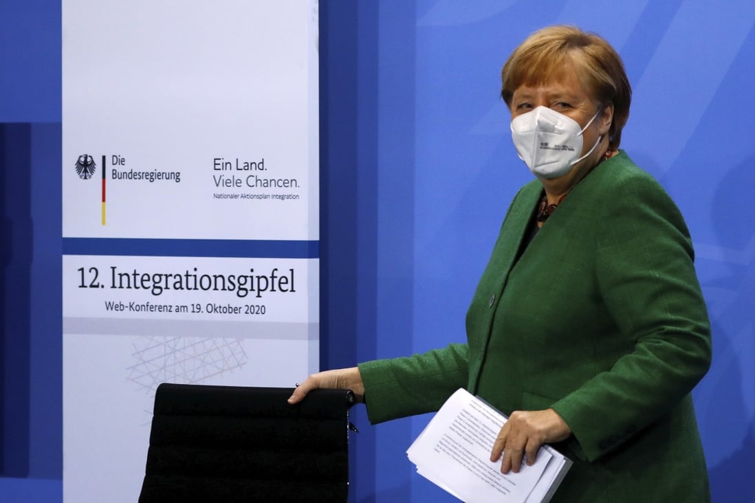German Chancellor Angela Merkel arrives for a conference on Monday in Berlin. Photo: AP