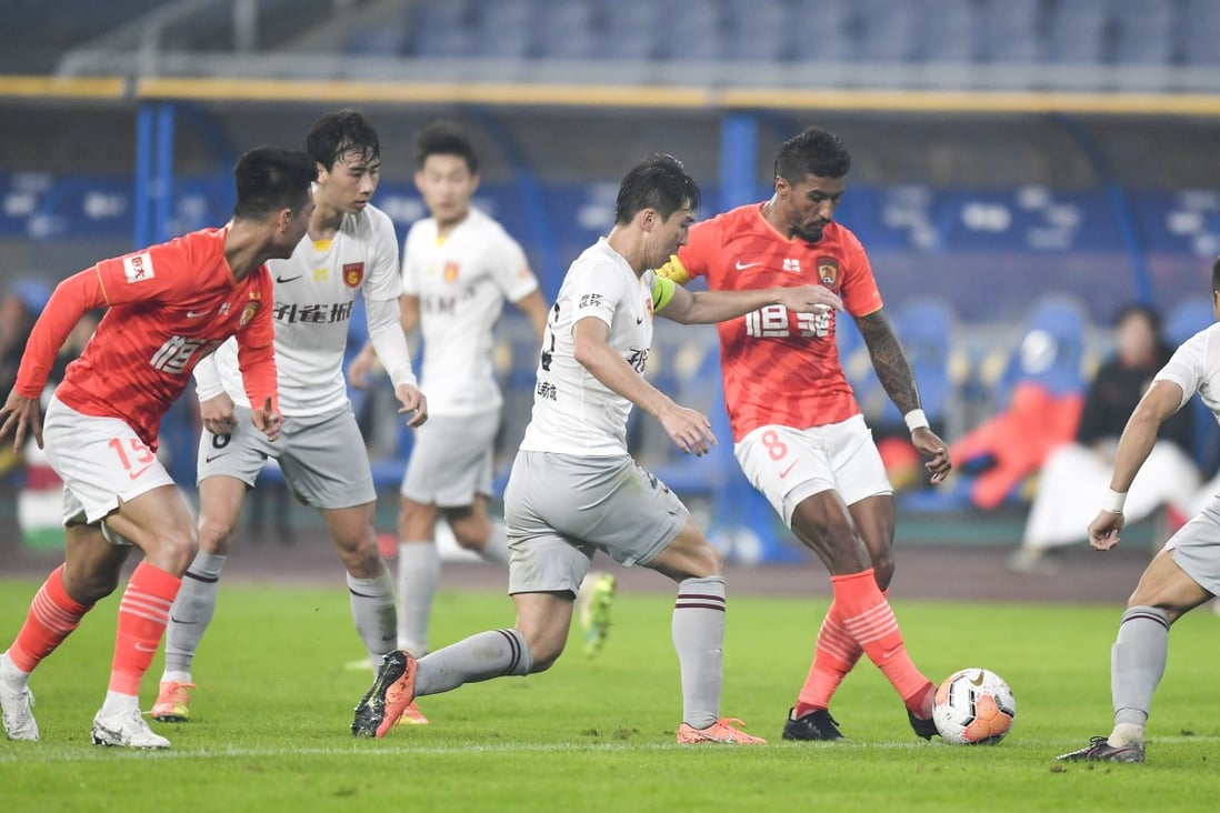 Paulinho (second from right) was on the scoresheet for Guangzhou Evergrande in their win over Hebei China Fortune. Photo: Xinhua