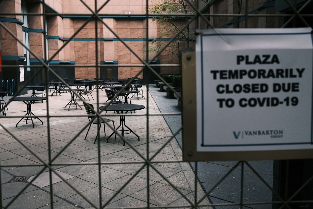 A closed plaza in New York City on October 21. The US has recorded at least 219,000 Covid-19 deaths, the highest toll in the world. Photo: Getty Images / AFP