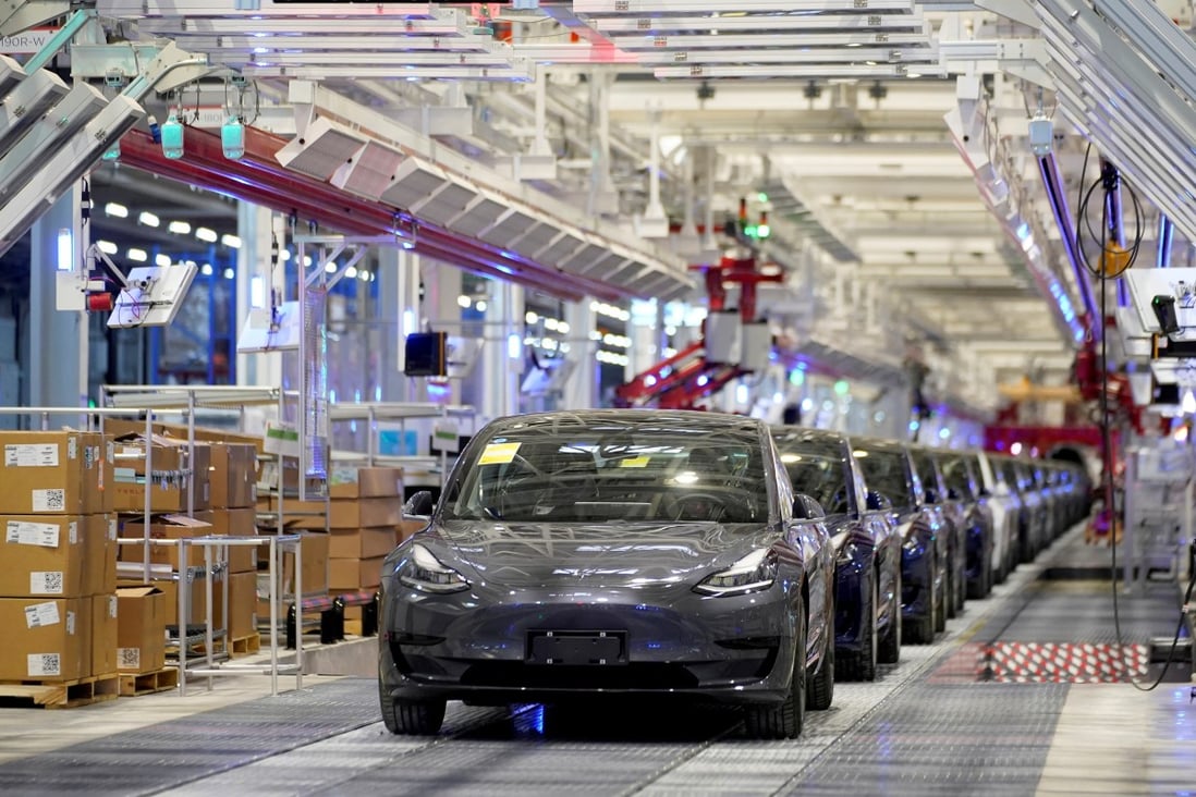 Tesla’s Model 3 electric sedans at the carmaker’s Gigafactory 3 in Shanghai. Photo: SCMP