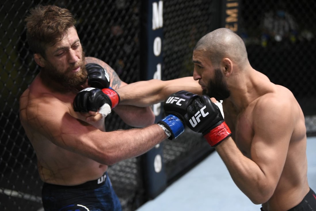 Khamzat Chimaev punches Gerald Meerschaert in their middleweight bout during the UFC Fight Night event at UFC APEX on September 19, 2020 in Las Vegas, Nevada. Photo: Chris Unger/Zuffa LLC