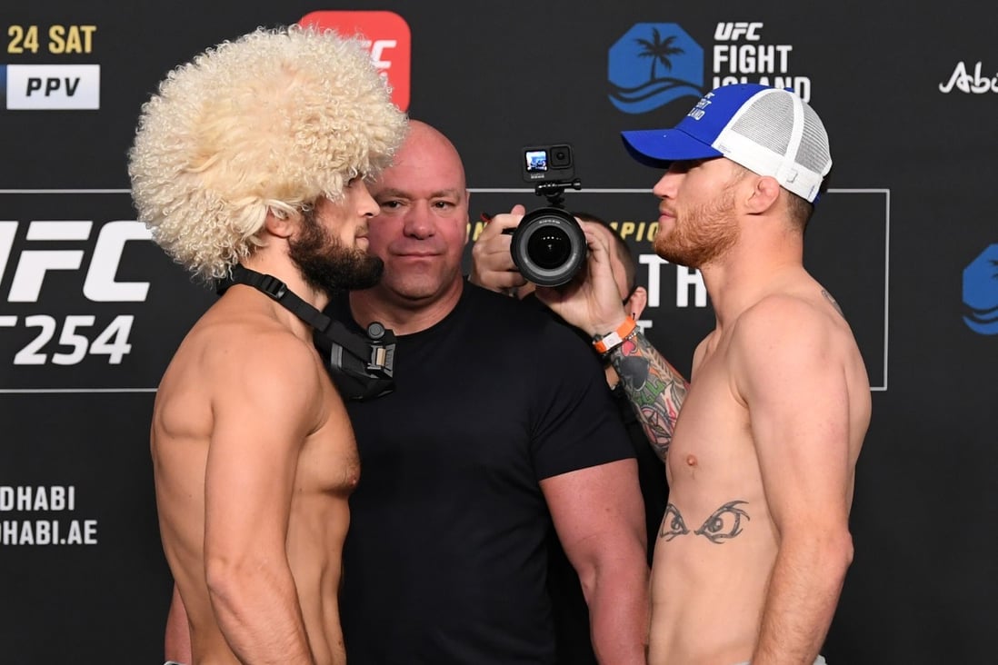 Khabib Nurmagomedov and Justin Gaethje face off during the UFC 254 weigh-in on October 23, 2020 on UFC Fight Island in Abu Dhabi. Photos: Josh Hedges/Zuffa LLC