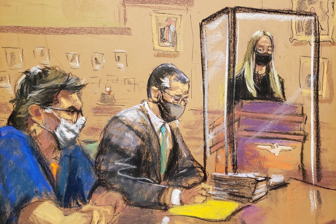 A courtroom sketch shows India Oxenberg giving a victim impact statement as NXIVM cult leader Keith Raniere (in blue) sits with his lawyer Marc Agnifilo inside the Brooklyn Federal Courthouse in New York on Tuesday. Image: Jane Rosenberg via Reuters