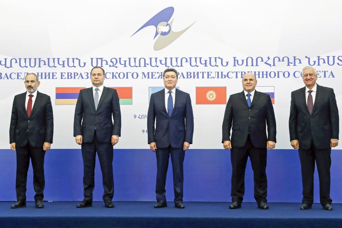 Leaders representing the Eurasian Economic Union’s members gathered at a meeting in Armenia this month. Photo: EPA-EFE