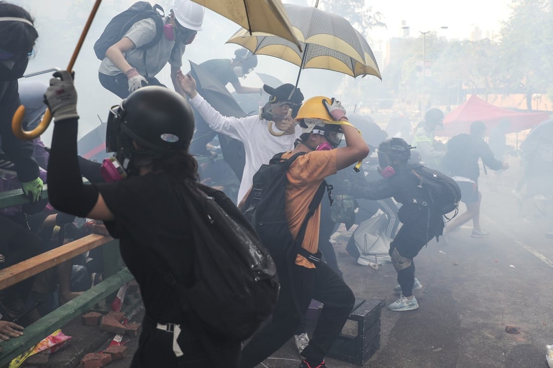 Anti-government protesters outside Polytechnic University in Hung Hom on November 18, 2019. Photo: Sam Tsang