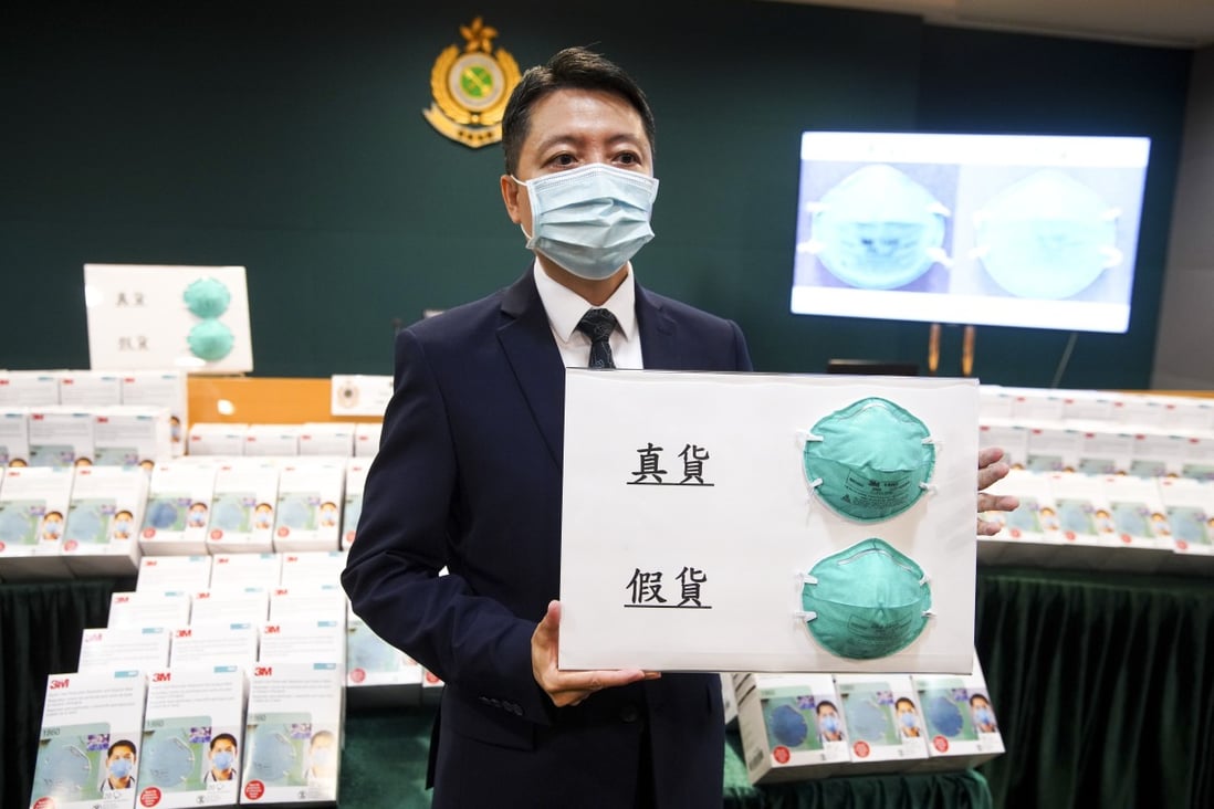 Hong Kong customs officers have seized about 100,000 counterfeit masks with an estimated market value of about HK$3 million. Photo: Winson Wong
