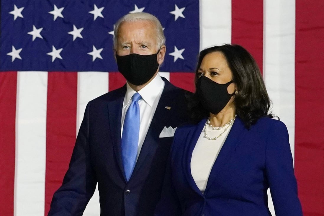 Democratic presidential candidate former Vice President Joe Biden and his running mate Sen. Kamala Harris, D-Calif., at a news conference at Alexis Dupont High School in Wilmington, Del., Wednesday, Aug. 12, 2020. Photo: AP