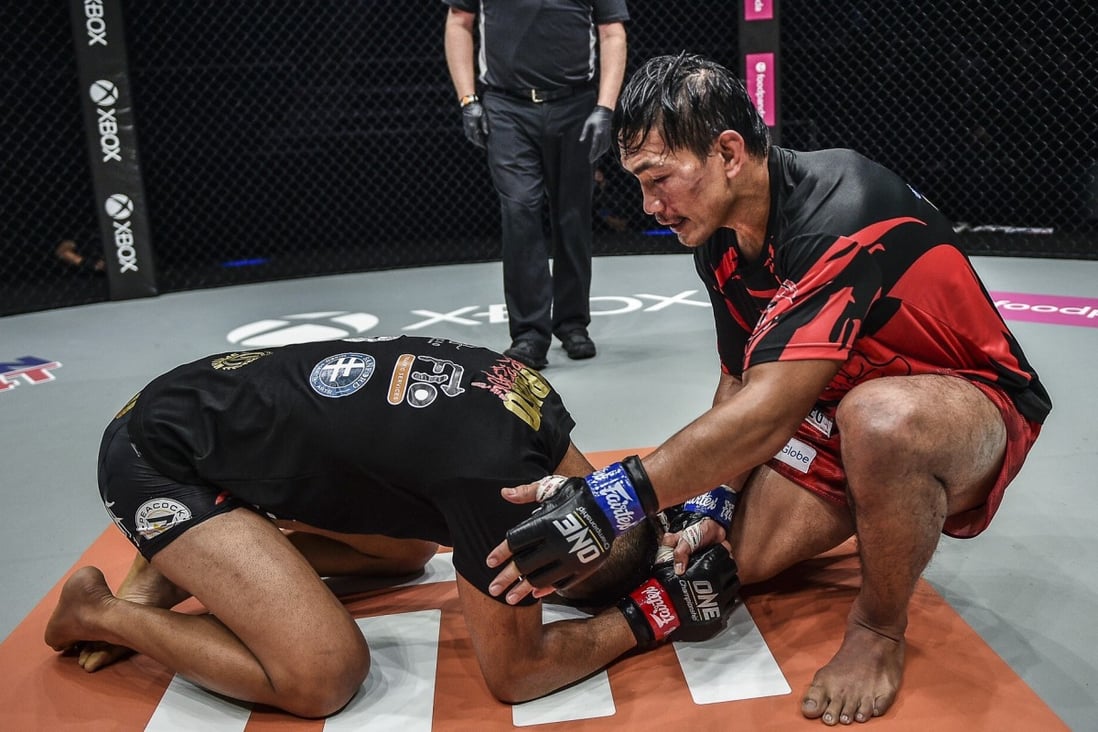Former champion Eduard Folayang returns the respect from opponent Tony Caruso in the Circle in Singapore. Photos: ONE Championship