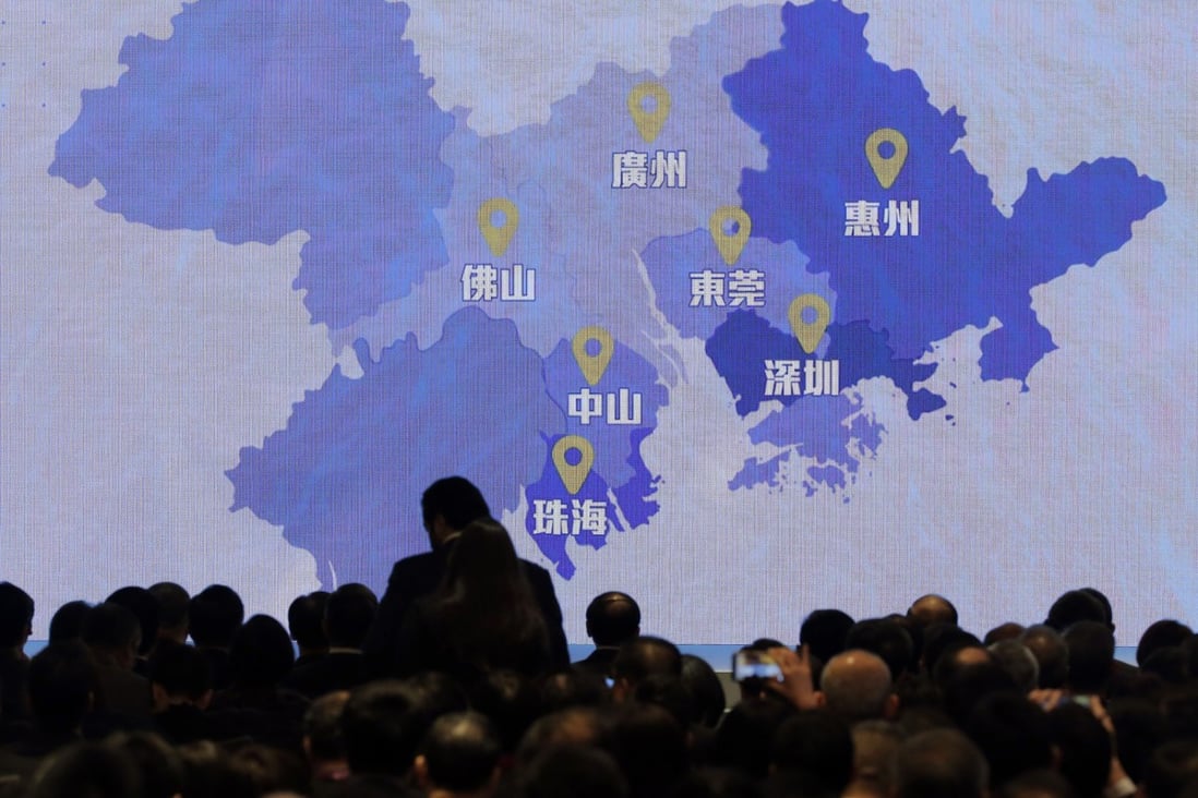 The Greater Bay Area, which seeks to turn Hong Kong, Macau and nine Guangdong province cities into a regional economic powerhouse, is seen on a map. Photo: AP