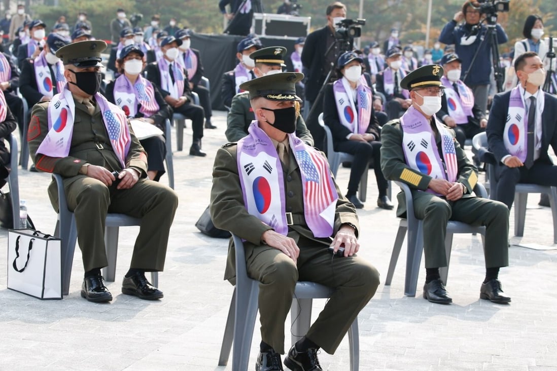 Bradley James, commander of the US Marine Corps in South Korea (left) attends a ceremony for the 70th anniversary of the Korean war at the Korean War Memorial Museum in Seoul, South Korea, on 27 October 2020. Photo: EPA-EFE
