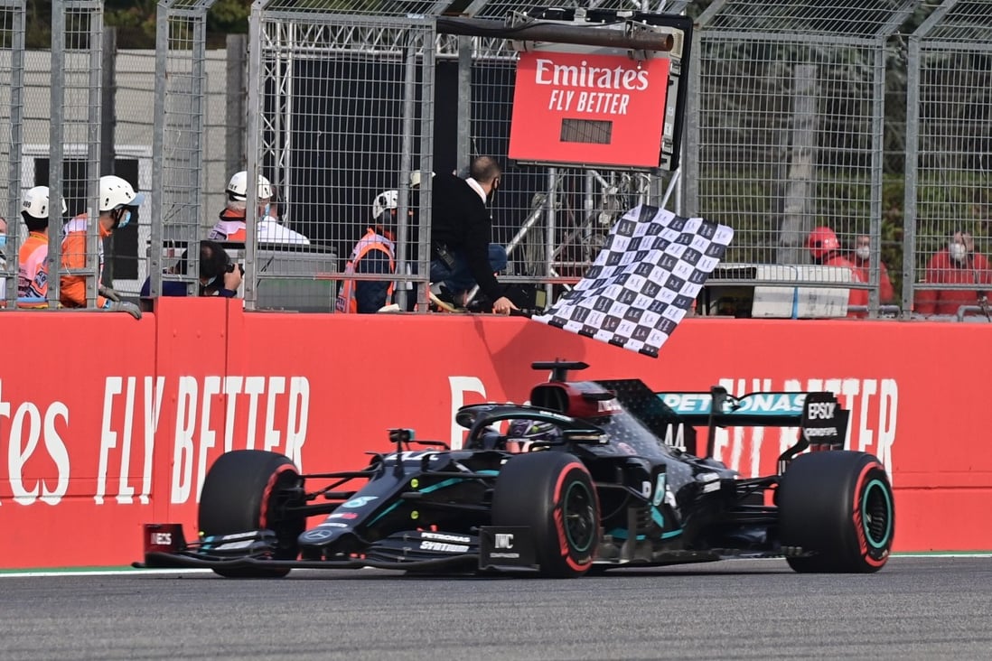 Mercedes’ Lewis Hamilton crosses the finish line to win the Emilia Romagna Grand Prix on Sunday. Photo: Reuters