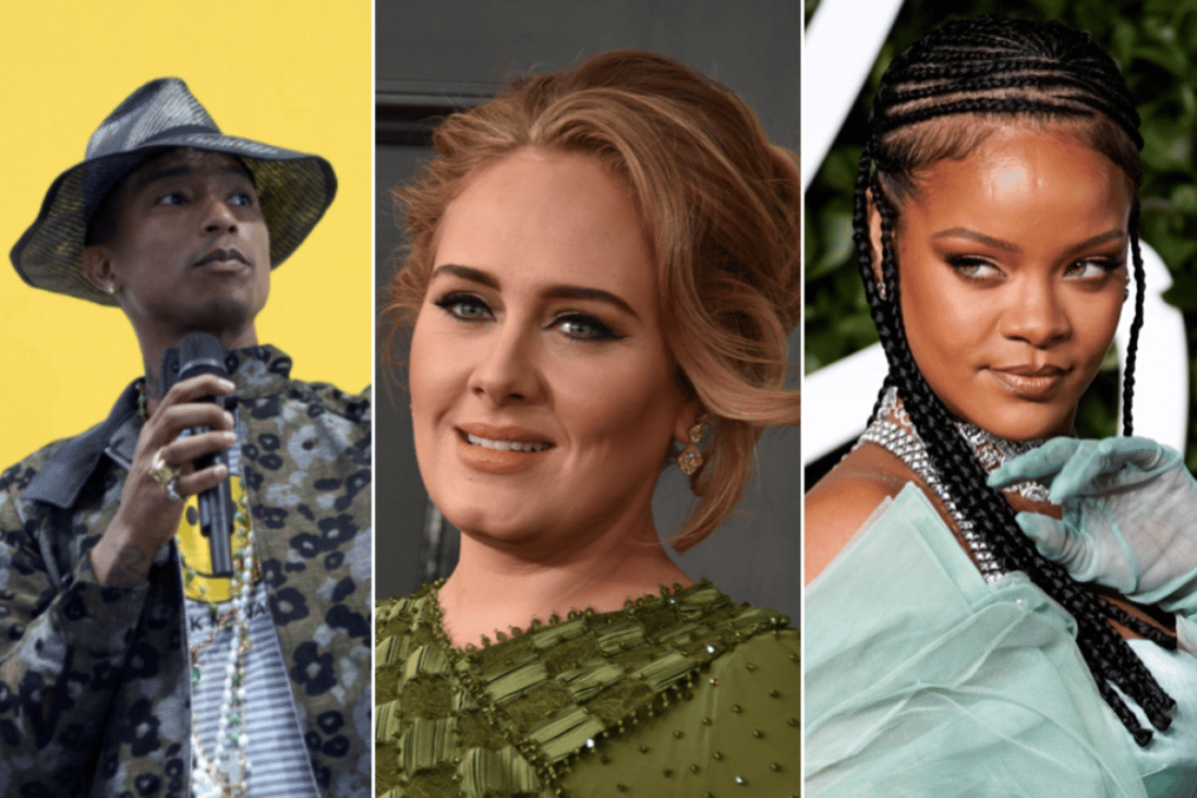 From left: Pharrell Williams, Adele and Rihanna – three in a multitude of bands who have objected to Donald Trump playing their music. Photo: AFP, AP, EPA-EFE