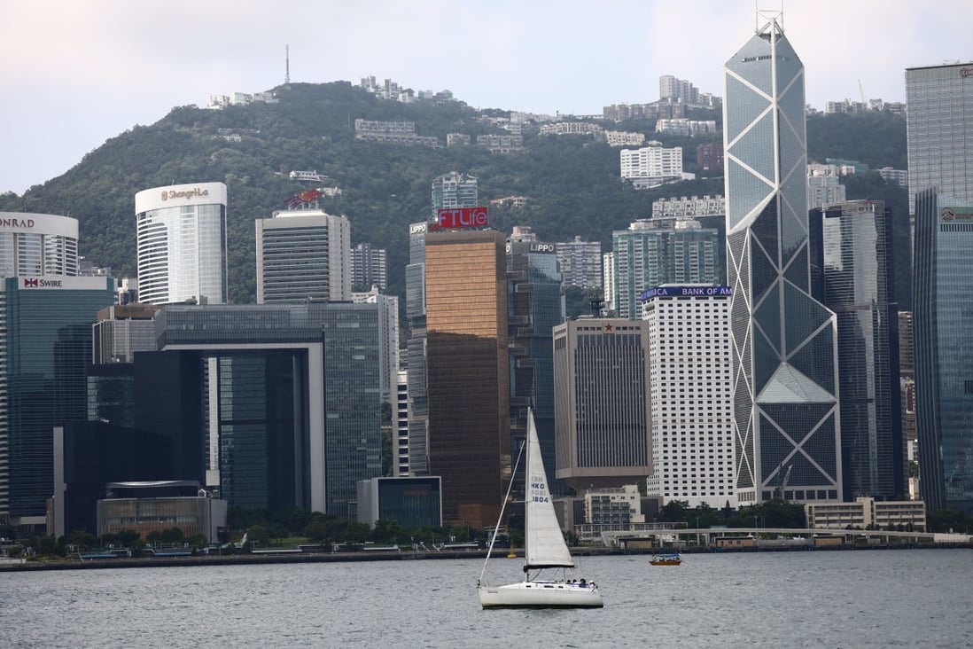 A sailboat makes its way through Victoria Harbour, with Admiralty on Hong Kong Island in the background, as seen from the Tsim Sha Tsui promenade on September 6. Photo: Dickson Lee