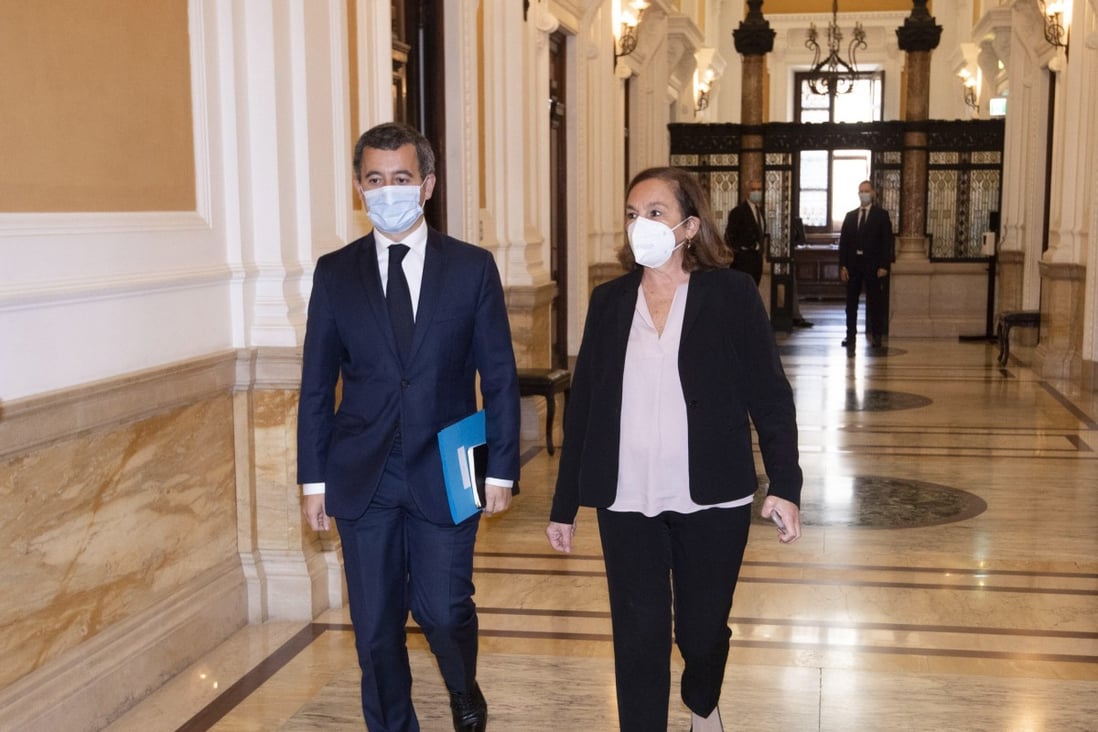Italian Interior Minister, Luciana Lamorgese and her French counterpart, Gerald Darmanin, during their meeting at Viminale Palace in Rome on Friday. Photo: EPA-EFE