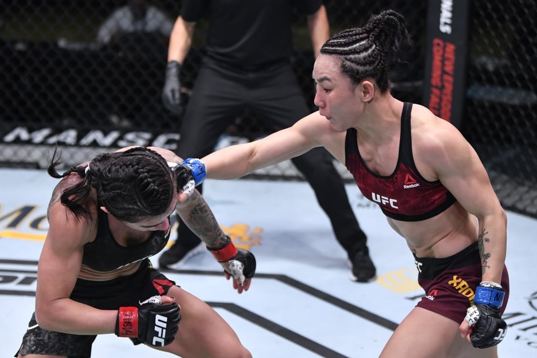 China’s Yan Xiaonan throws a punch at Brazil’s Claudia Gadelha during their UFC Fight Night strawweight bout UFC APEX in Las Vegas. Photo: Jeff Bottari/Zuffa LLC)
