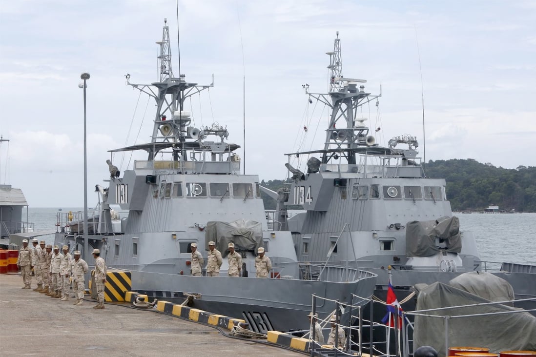 Cambodian soldiers stand at Ream Naval Base in Cambodia in July 2019. The Cambodian Ministry of Defence allowed a tour for journalists to visit the site following allegations of Chinese military presence at the facility. Photo: EPA-EFE