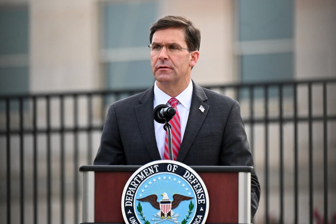 US Defence Secretary Mark Esper speaking at the Pentagon in September. Photo: Reuters