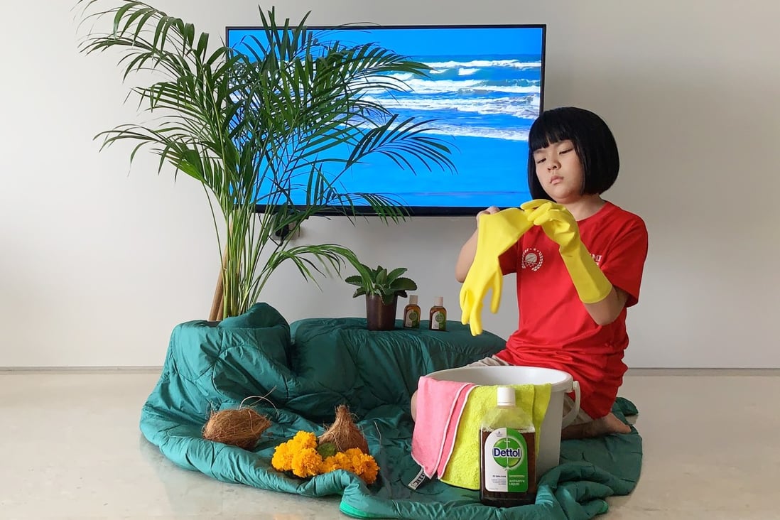 Chinese artist Cao Fei filmed her nine-year-old daughter, Qing, playing on an artificial island they set up in their living room. The film forms part of Cao’s Isle of Instability (2020) exhibition at Shanghai’s West Bund Art & Design Fair. Photo: Courtesy of the artist and Audemars Piguet Contemporary