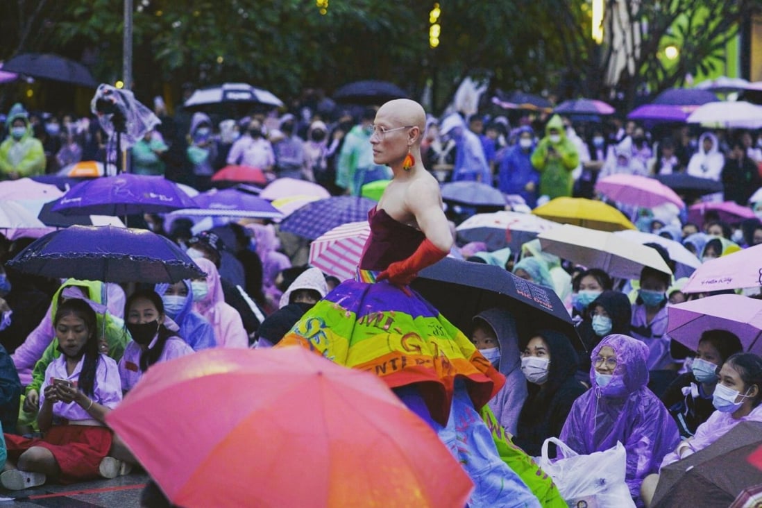 Thai LGBTQ activist and sex worker Sirisak Chaited at a pro-democracy rally in Chiang Mai in October. Photo: Twitter