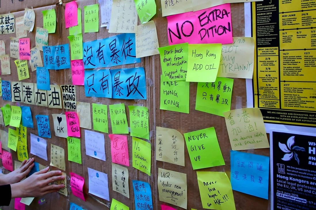 A makeshift “Lennon Wall” at the University of Queensland in Brisbane in August 2019. Photo: AFP